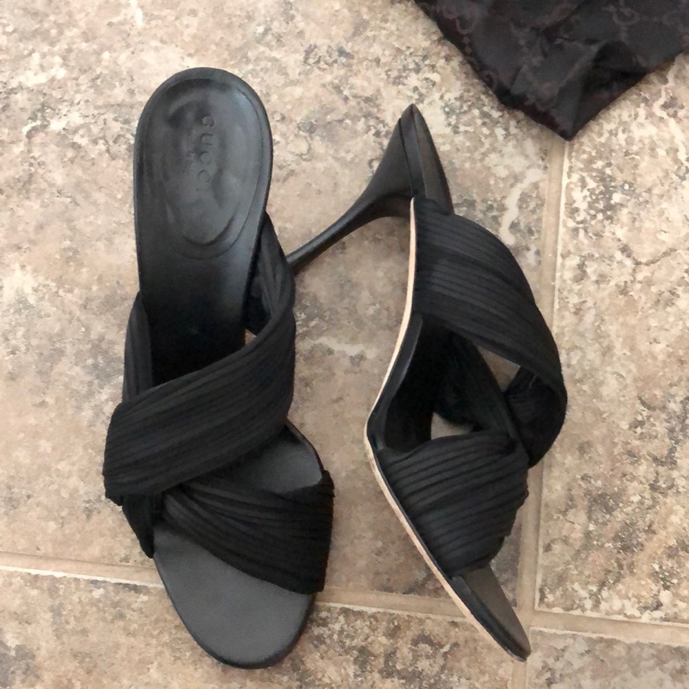Gucci black satin high heeled mules 8.5
